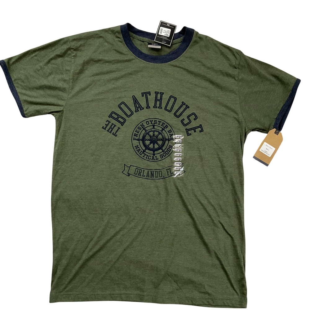 NWT MV Sport The Boathouse Orlando FL Ringer T-Shirt Sz L VTG Olive NauticalTee